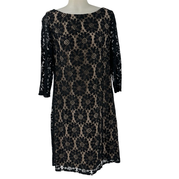 Jessica Howard Dresses & Skirts - Jessica Howard Black Lace Overlay Sheath Dress Nude Lining 3/4 Sleeve Sz12 Event